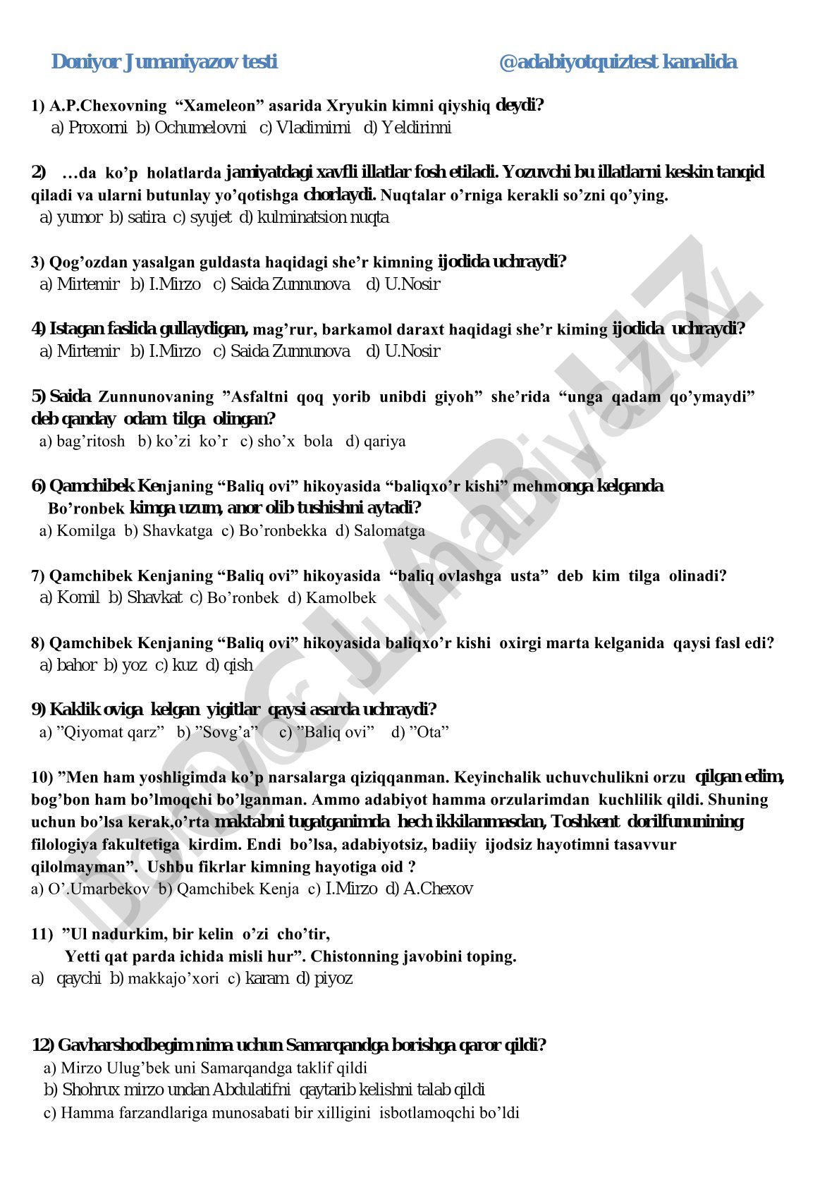 Adabiyot test savollari