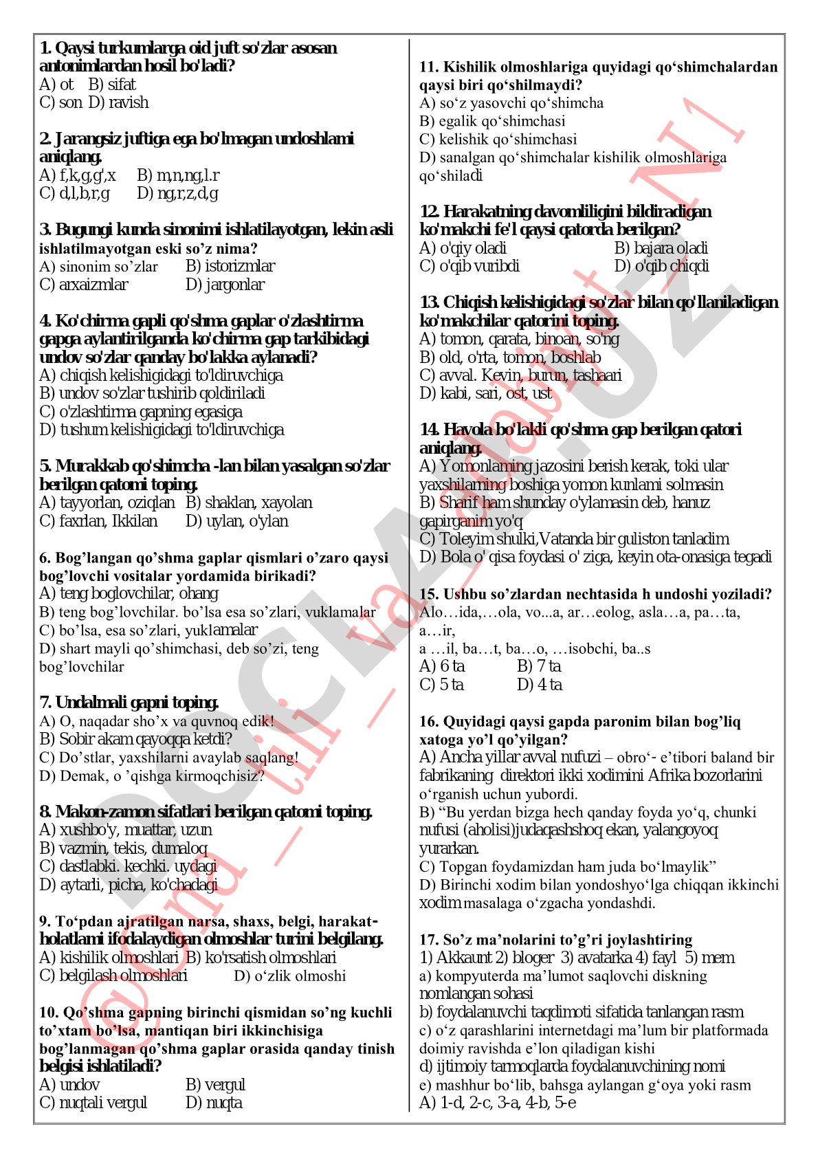 O'zbek tili test savollari