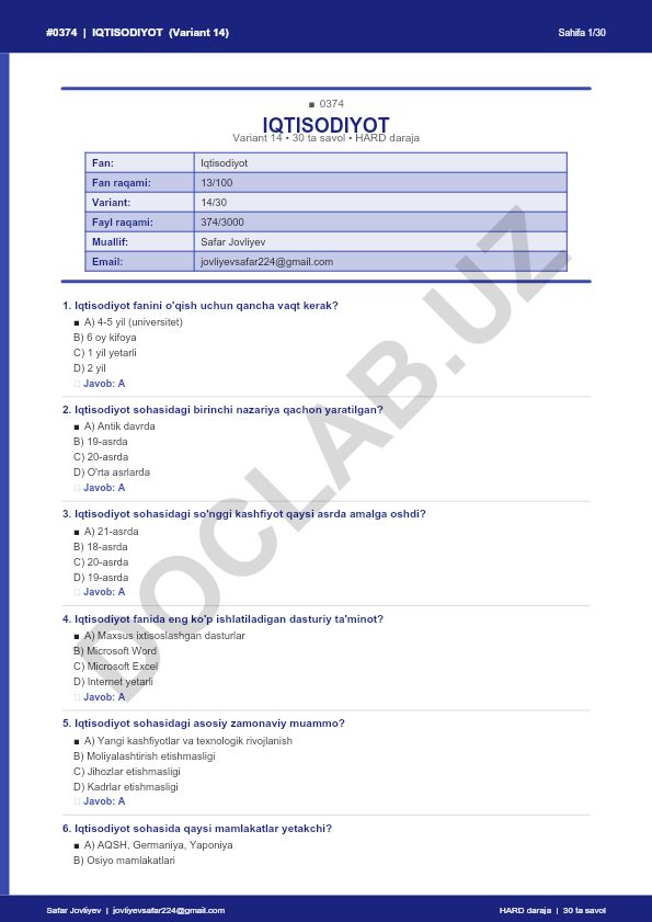 Iqtisodiyot faniga oid 30 ta savol testi (Variant 14)