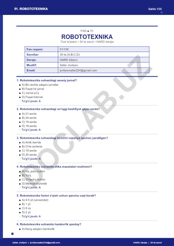 Robototexnika fanidan test to'plami
