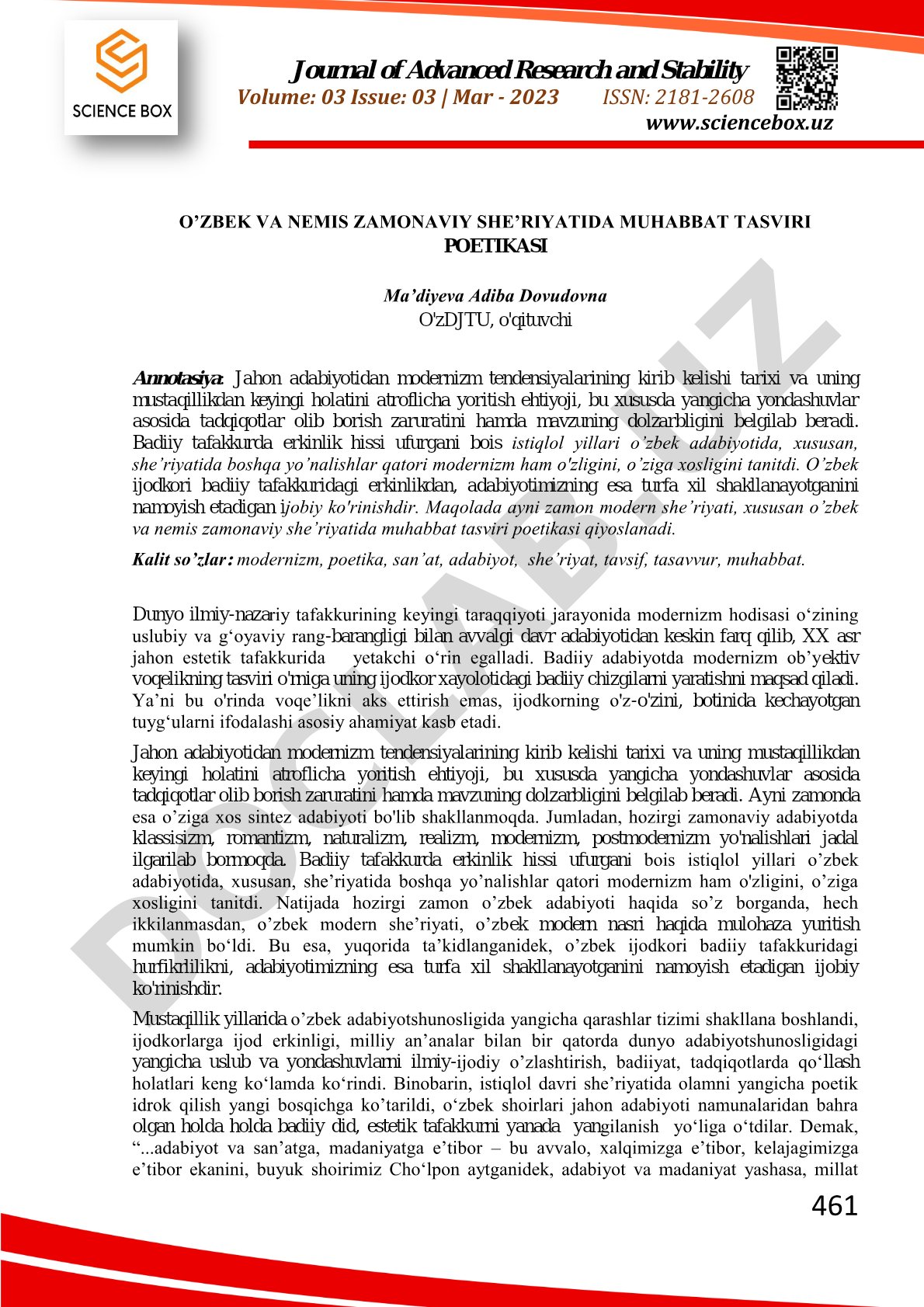 O'zbek va nemis zamonaviy she'riyatida muhabbat tasviri poetikasi