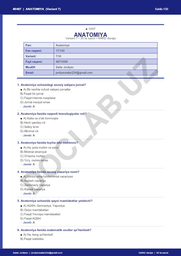 Anatomiya fanidan 30 ta savolli test variant 7