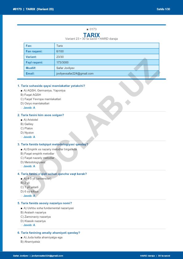 Tarix faniga oid test savollari (Variant 23)