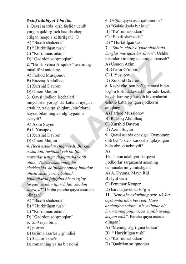 6-sinf adabiyot fanidan test savollari