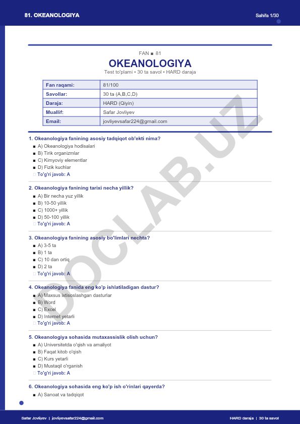 Okeanologiya faniga oid test to'plami