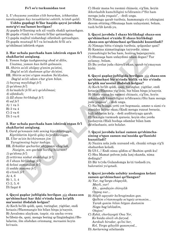 Fe'l so'z turkumidan test savollari