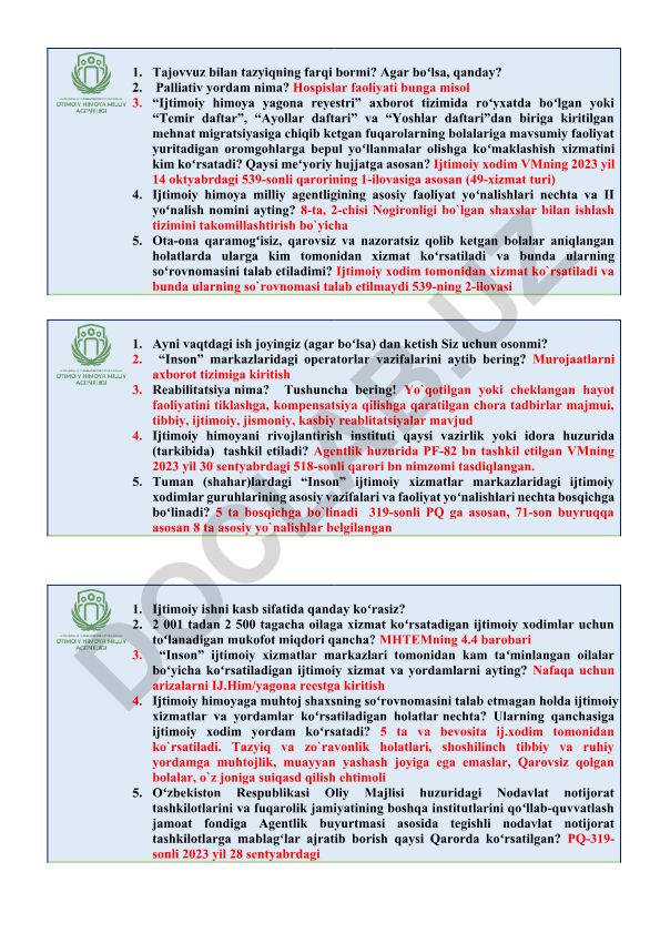 Ijtimoiy himoya va yordam xizmatlari bo'yicha savollar