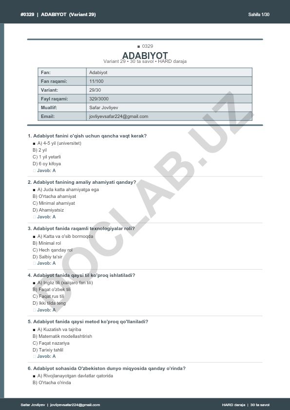 Adabiyot faniga oid test savollari (Variant 29)