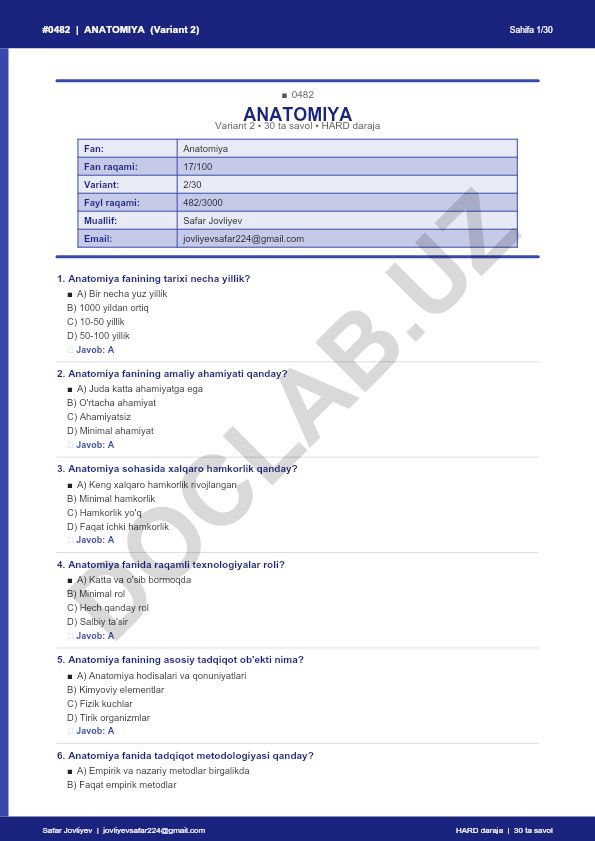 Anatomiya fanining tarixi, ahamiyati va tadqiqot metodlari