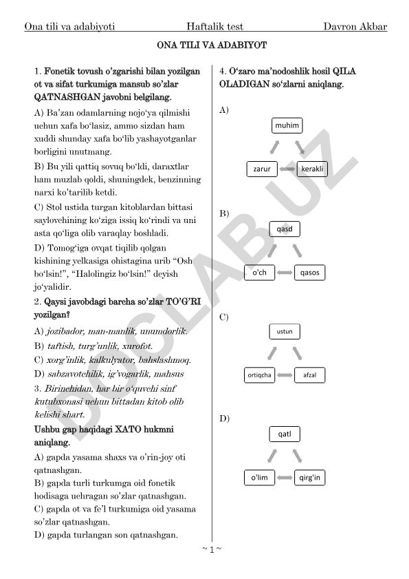 Ona tili va adabiyot haftalik test savollari