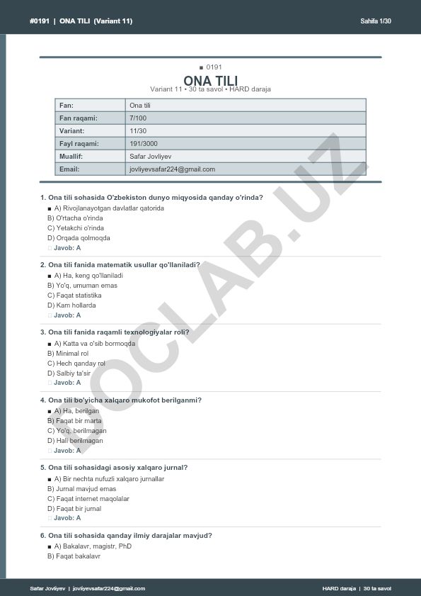 Ona tili fanidan test savollari (Variant 11)