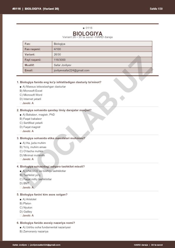 Biologiya faniga oid test savollari (Variant 26)