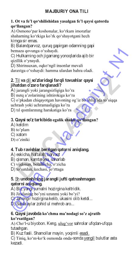 Ona tili test savollari va javoblari