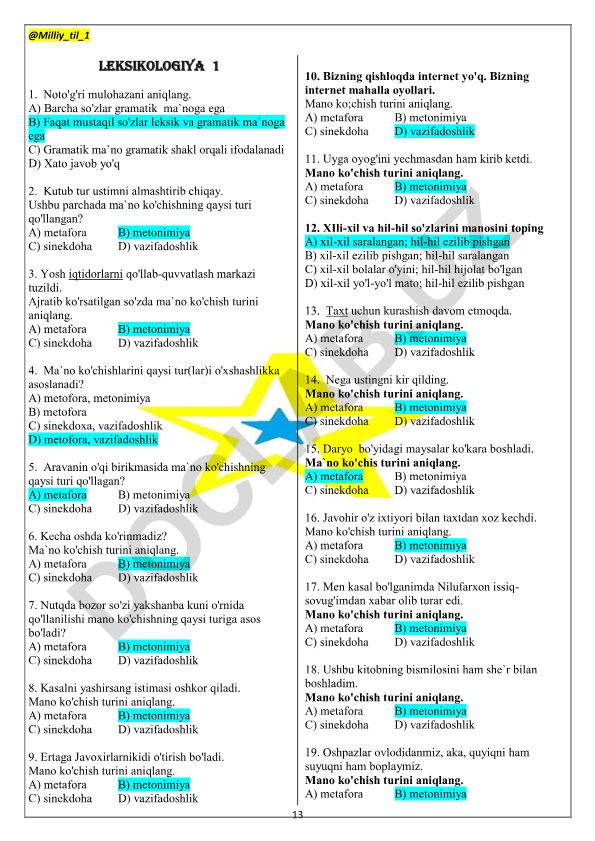 Leksikologiya test savollari