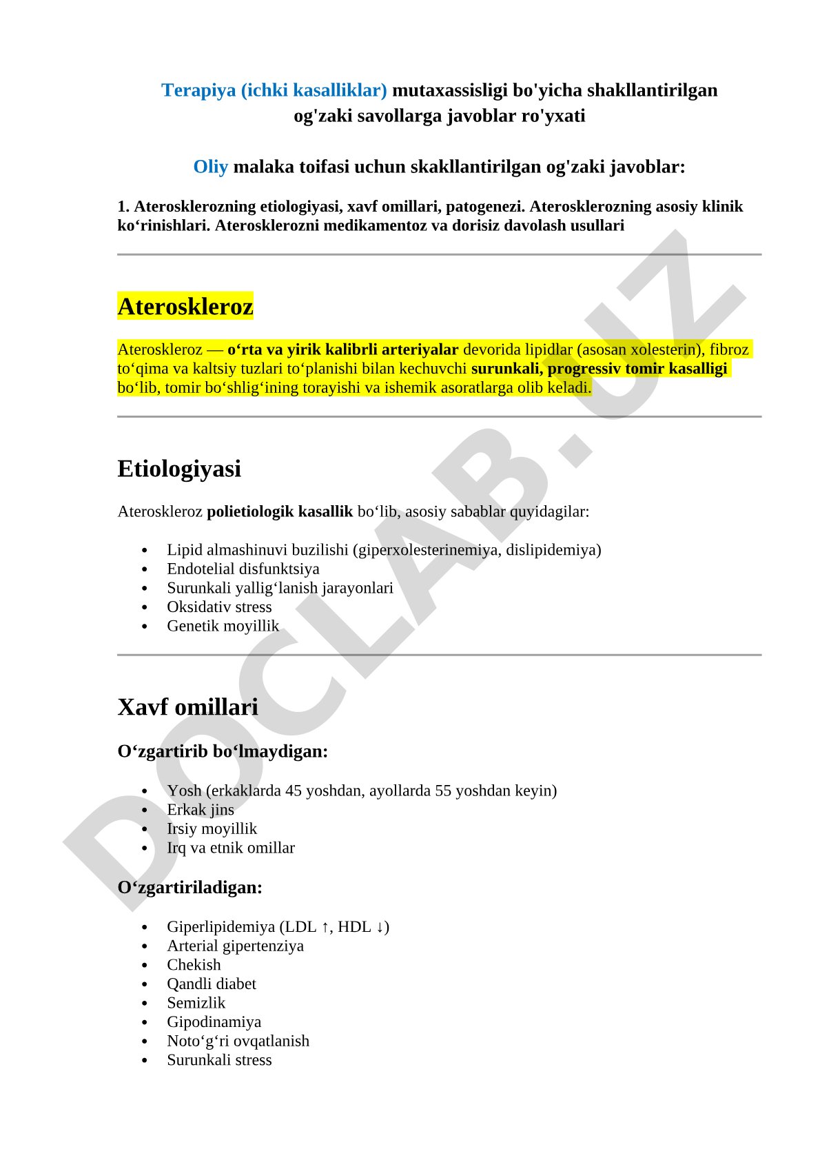 Aterosklerozning etiologiyasi, xavf omillari, patogenezi va davolash usullari