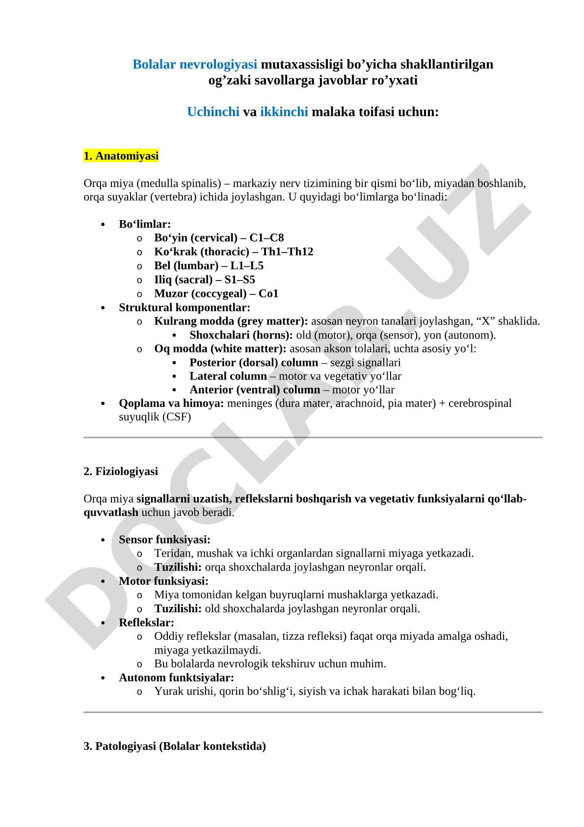 Bolalar nevrologiyasi mutaxassisligi bo'yicha og'zaki savollarga javoblar