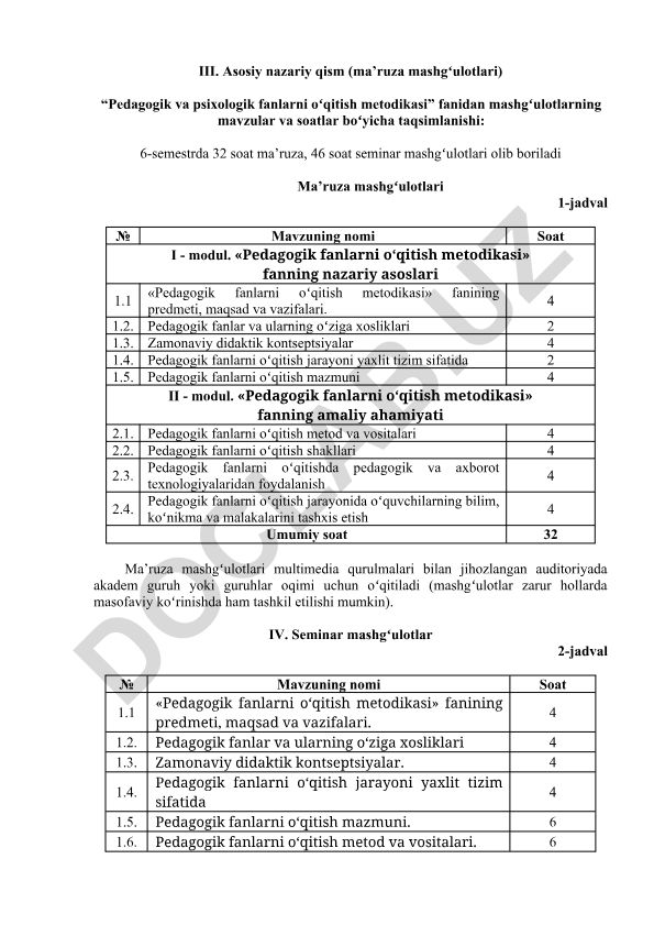 Pedagogik va psixologik fanlarni o'qitish metodikasi fanidan ma'ruza mashg'ulotlari