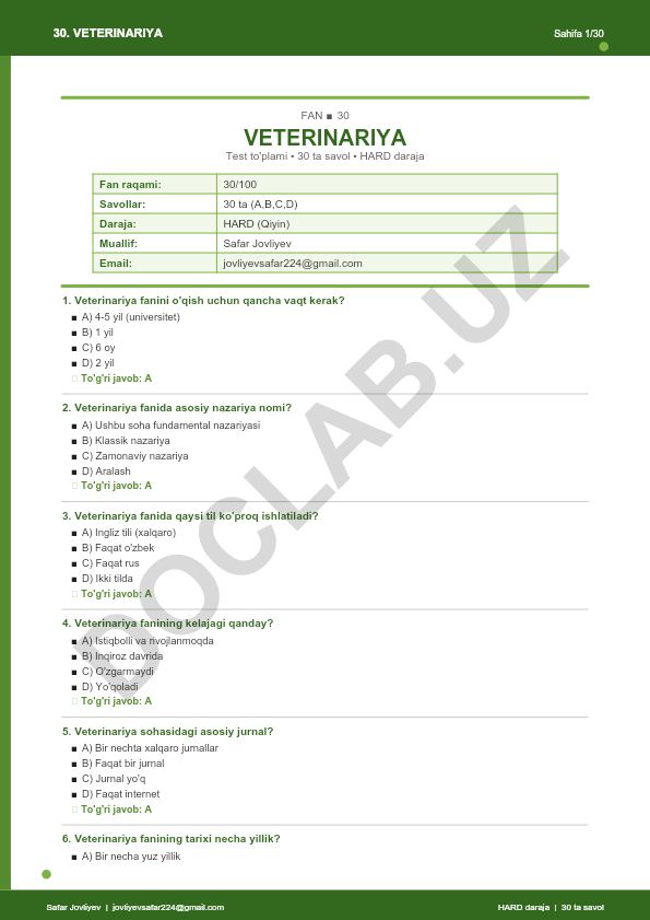 Veterinariya faniga oid 30 ta savolli test to'plami
