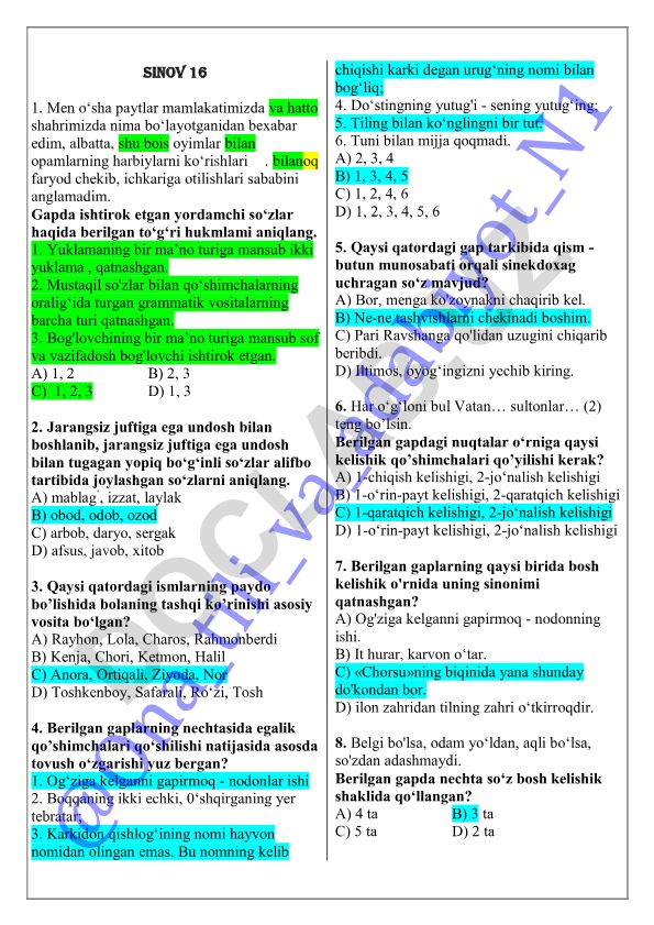 O'zbek tili test savollari va javoblari