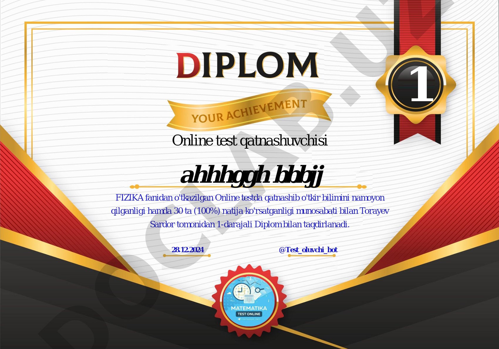 Fizika fanidan online test natijalari