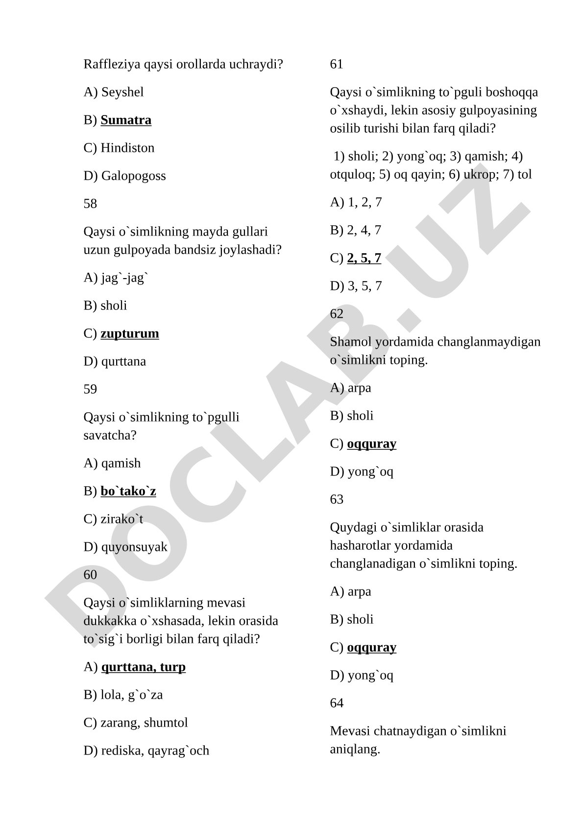 Botanika fanidan test savollari
