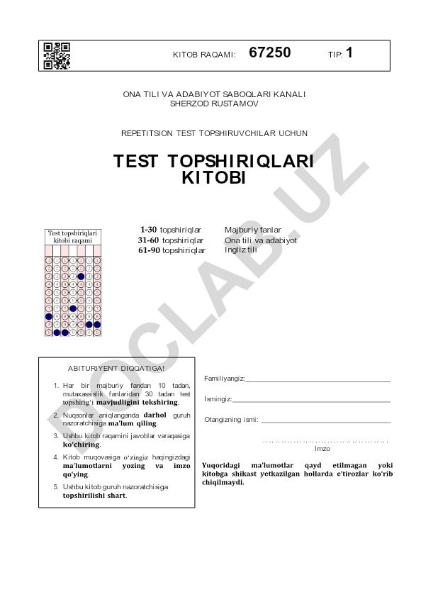 Ona tili va adabiyot test topshiriqlari kitobi
