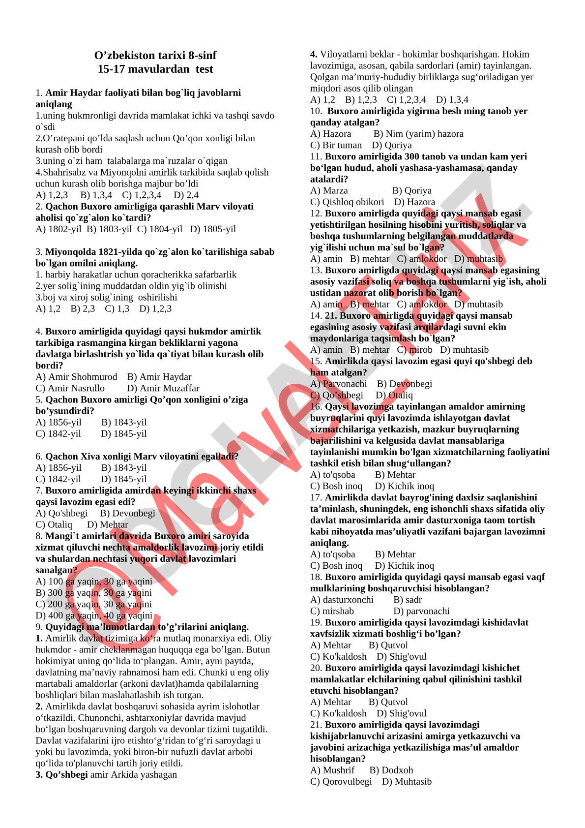 O'zbekiston tarixi 8-sinf 15-17 mavzulardan test