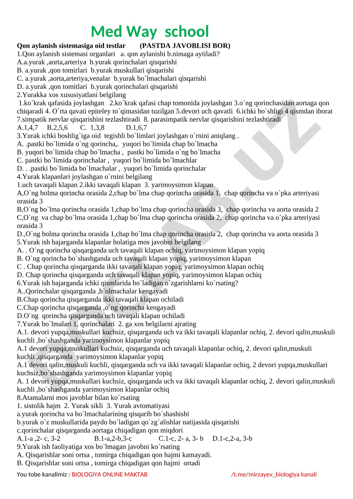 Qon aylanish sistemasiga oid testlar