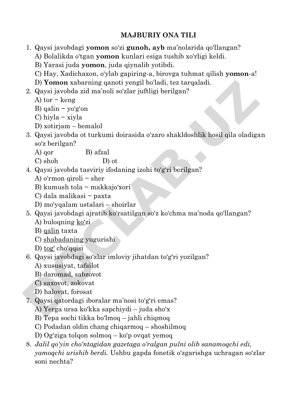 Ona tili test savollari