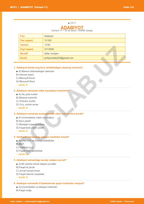Adabiyot fanidan test savollari (Variant 11)