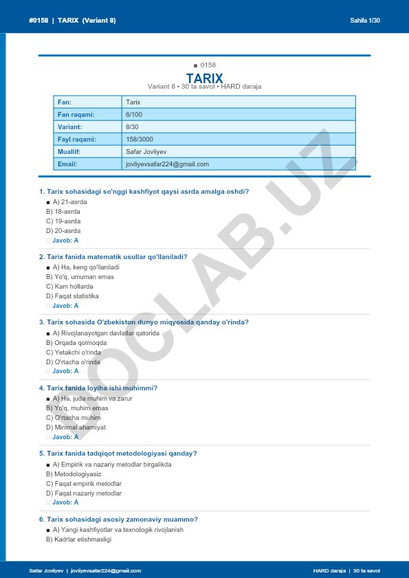 Tarix fanidan test savollari (Variant 8)