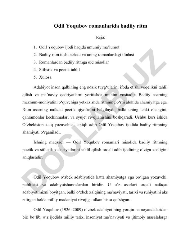 Odil Yoqubov romanlarida badiiy ritm
