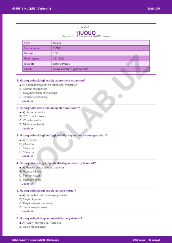 Huquq fanidan 30 ta savolli test variant 1