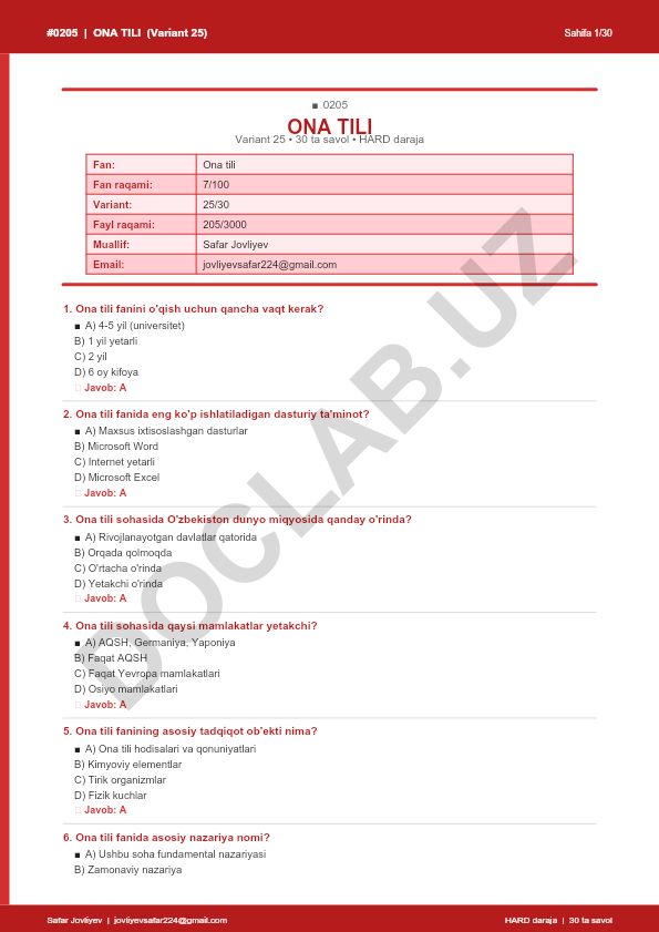 Ona tili faniga oid test savollari