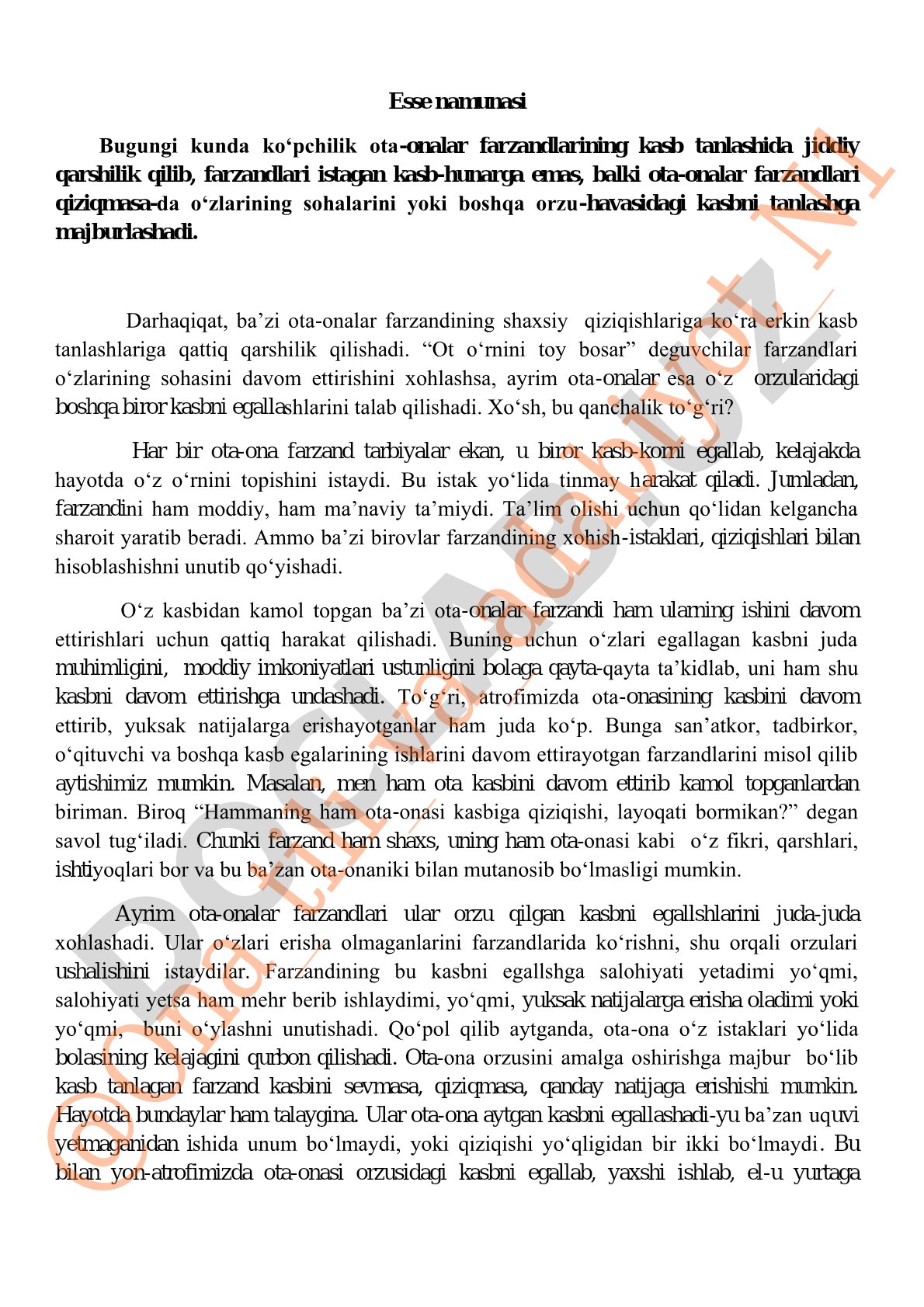 Ota-onalarning farzand kasb tanlashiga ta'siri