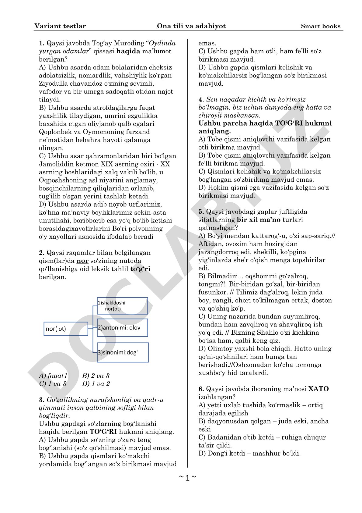 Ona tili va adabiyot fanidan variant testlar
