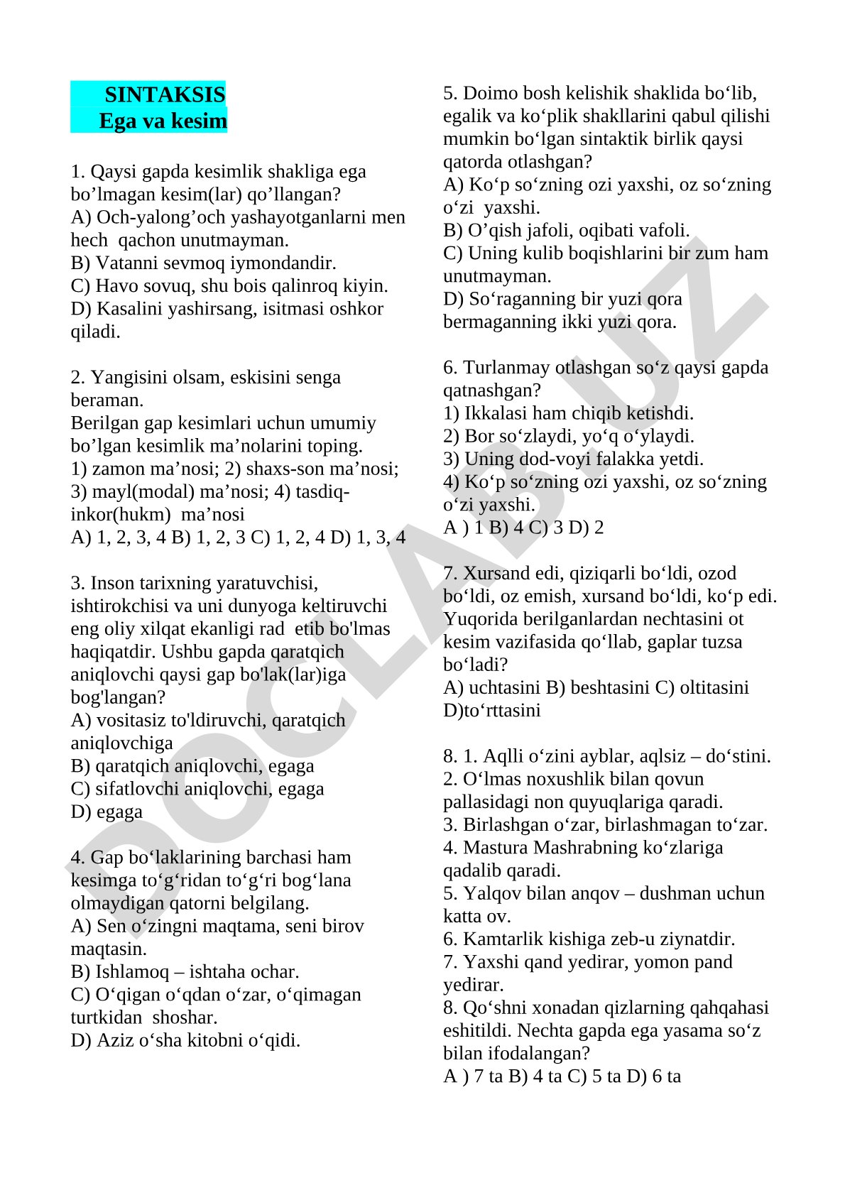 Sintaksis: Ega va kesim
