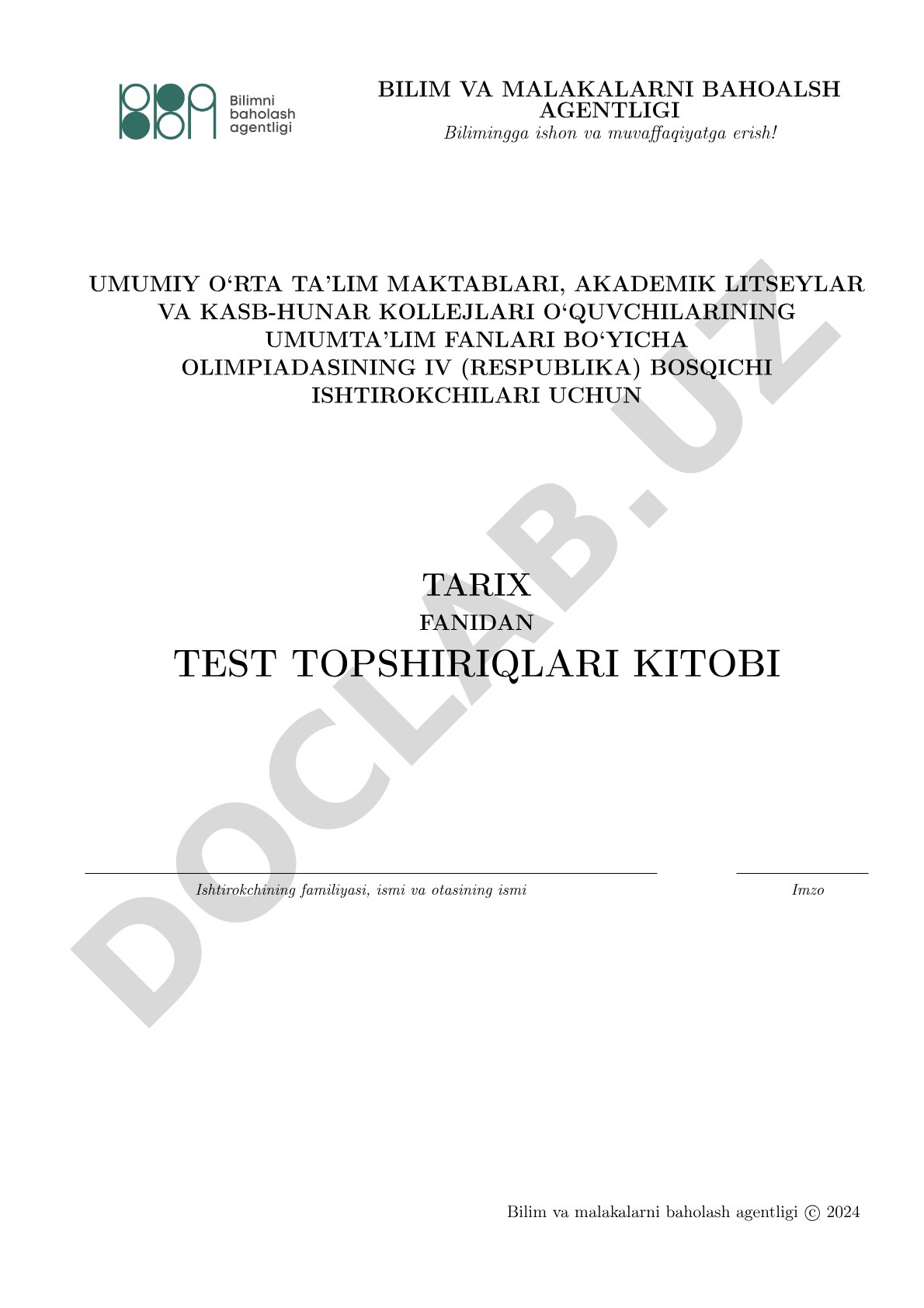 Tarix fanidan test topshiriqlari kitobi