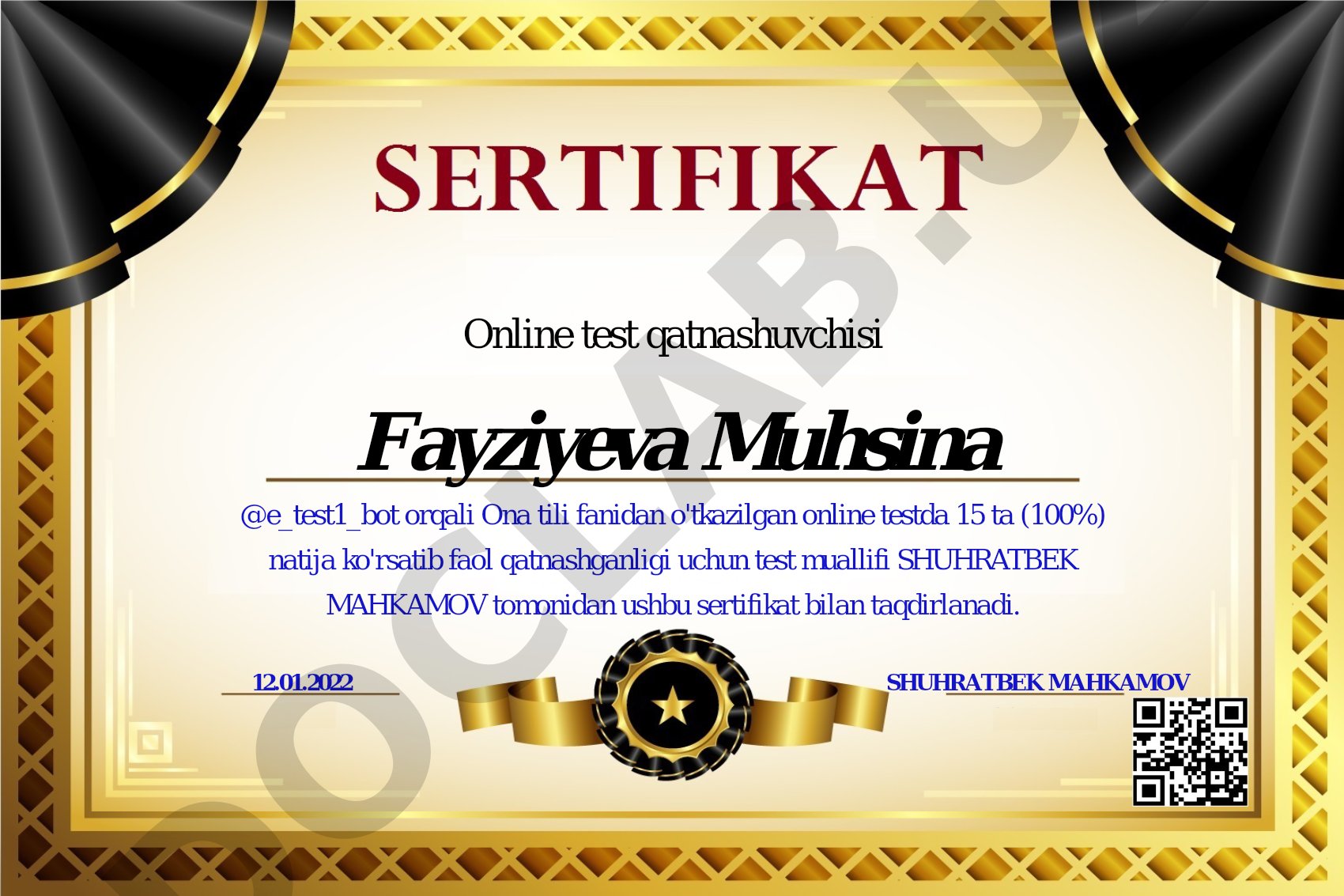 Ona tili fanidan online test sertifikati