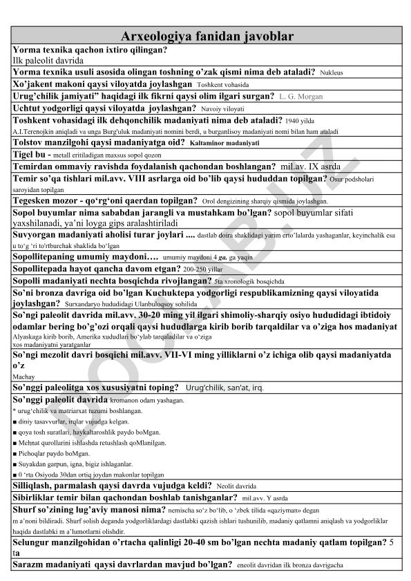 Arxeologiya fanidan test savollari va javoblar