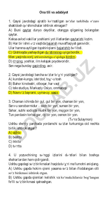 Ona tili va adabiyot fanidan test savollari