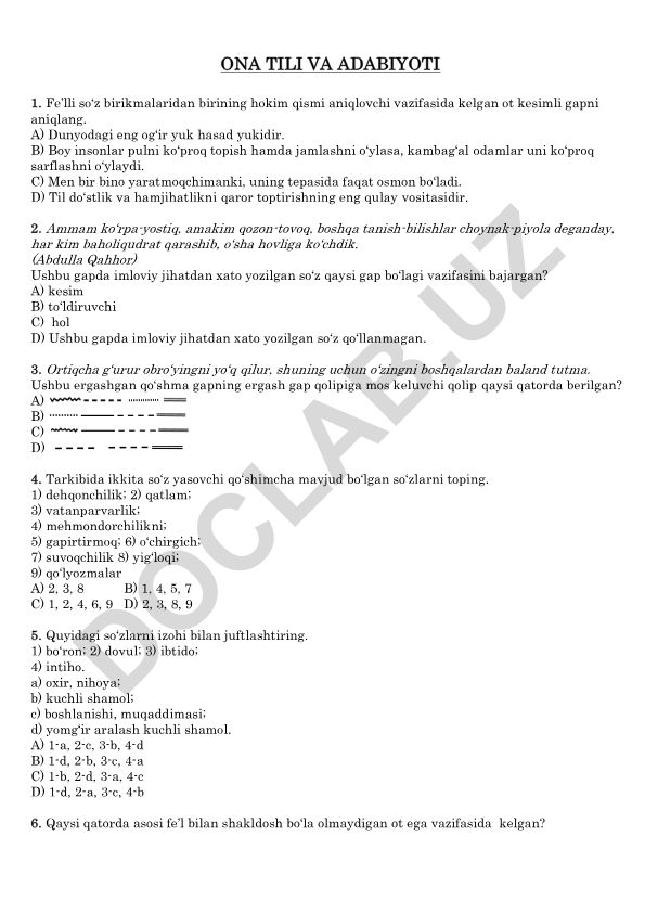 Ona tili va adabiyoti test savollari