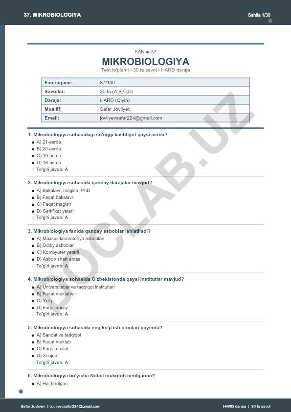 Mikrobiologiya fanidan test to'plami