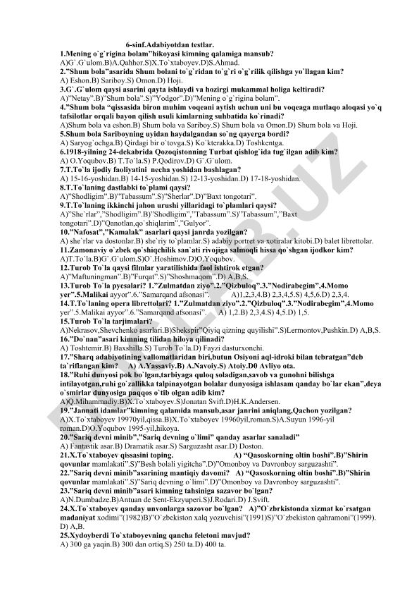 6-sinf adabiyot fanidan test savollari