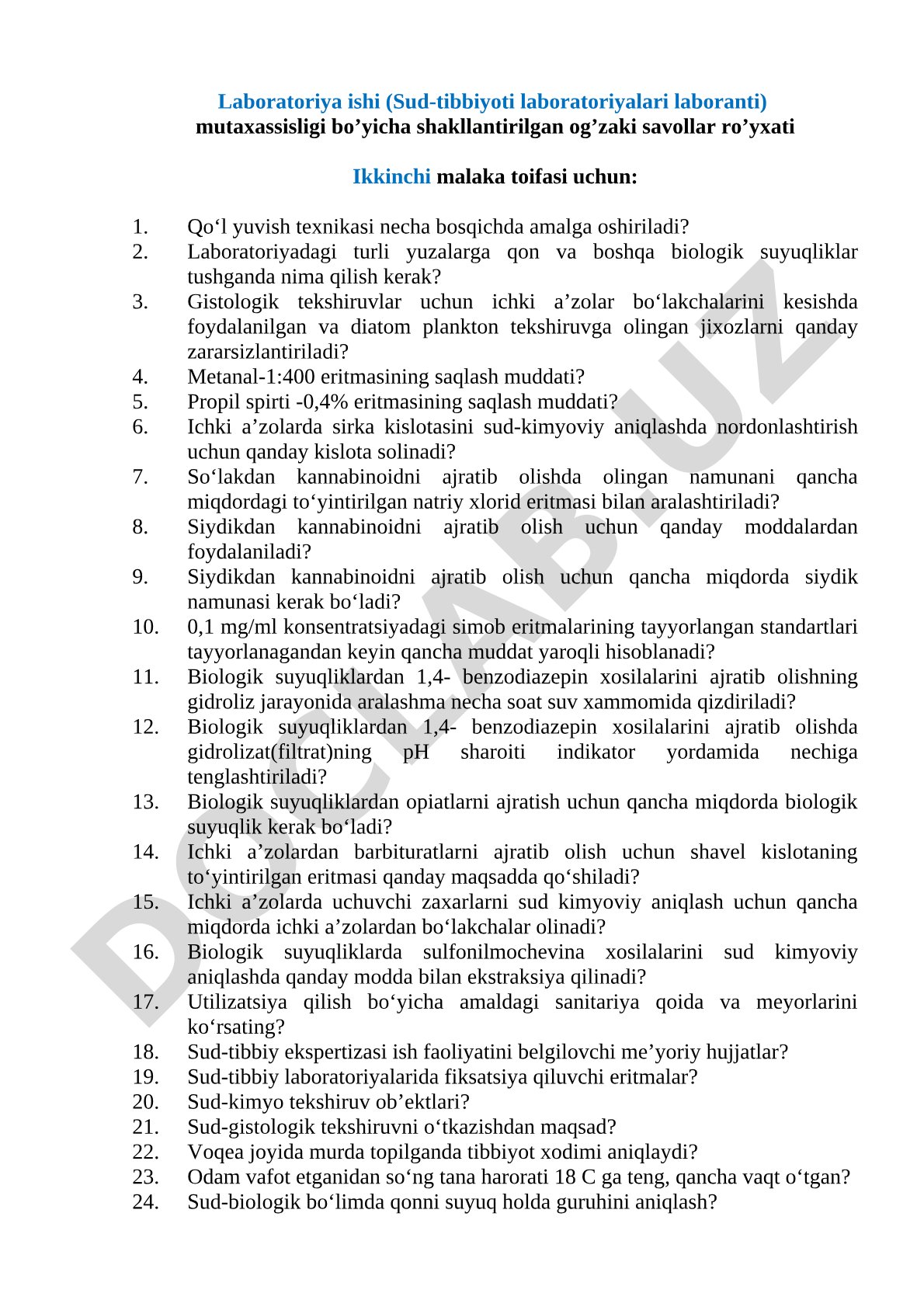 Sud-tibbiyoti laboratoriyalari laboranti mutaxassisligi bo'yicha og'zaki savollar ro'yxati