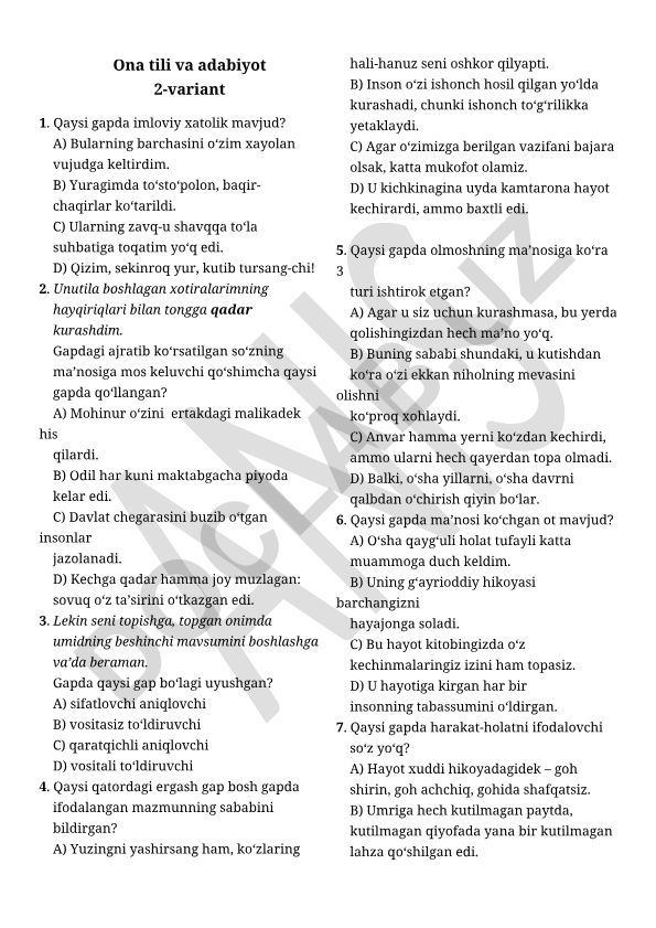 Ona tili va adabiyot fanidan test savollari