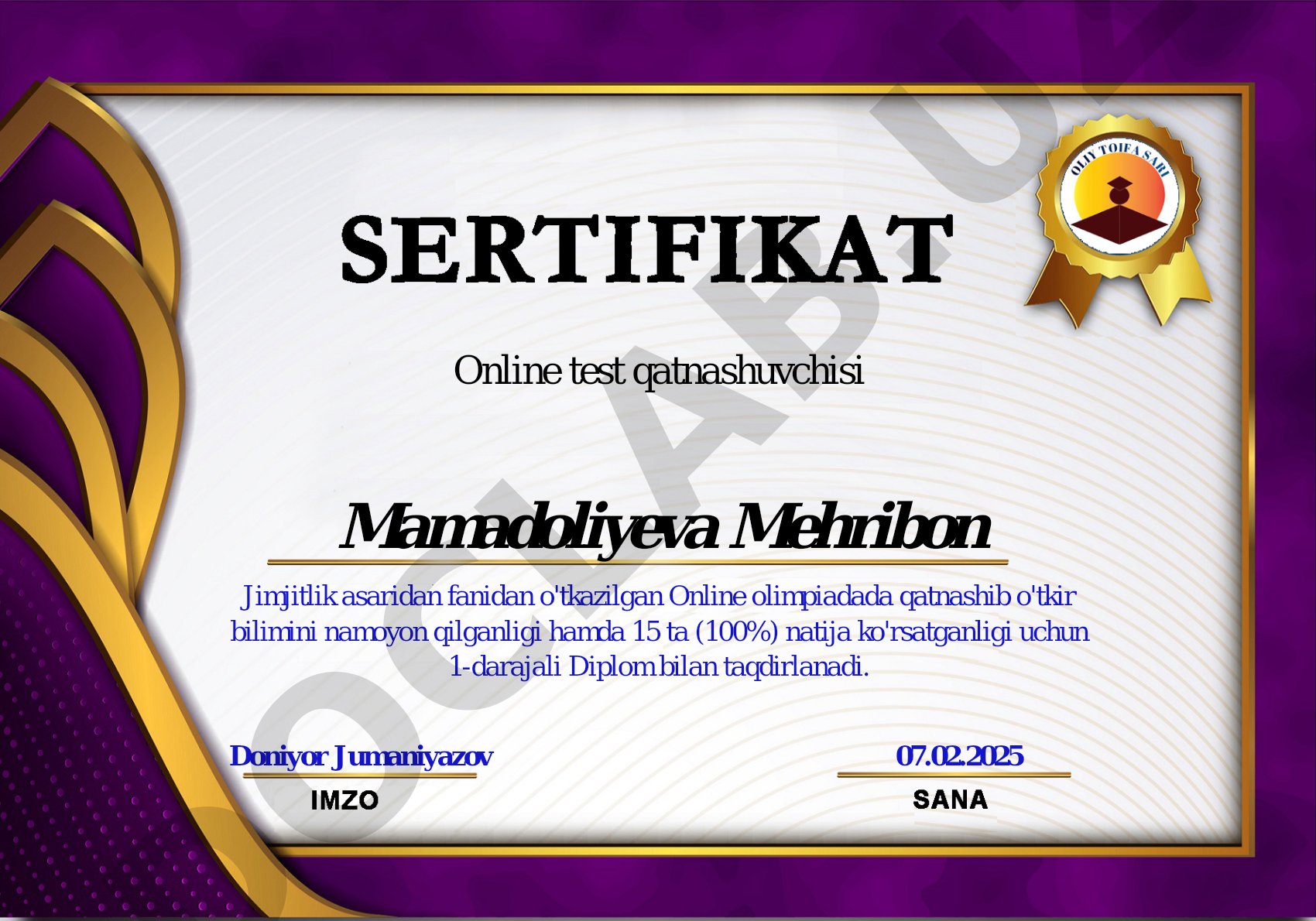 Jimjitlik asaridan online olimpiada natijalari
