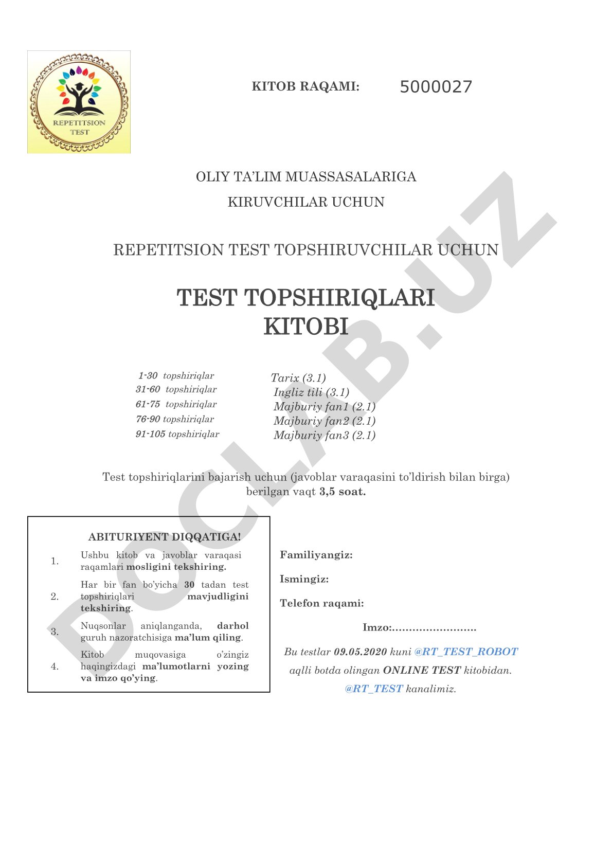 Repetitsion test topshiriqlari kitobi (1-105 topshiriqlar)