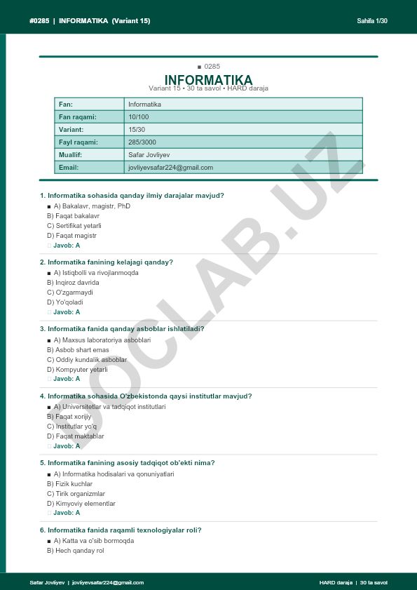 Informatika fanidan 30 ta savolli test (Variant 15)