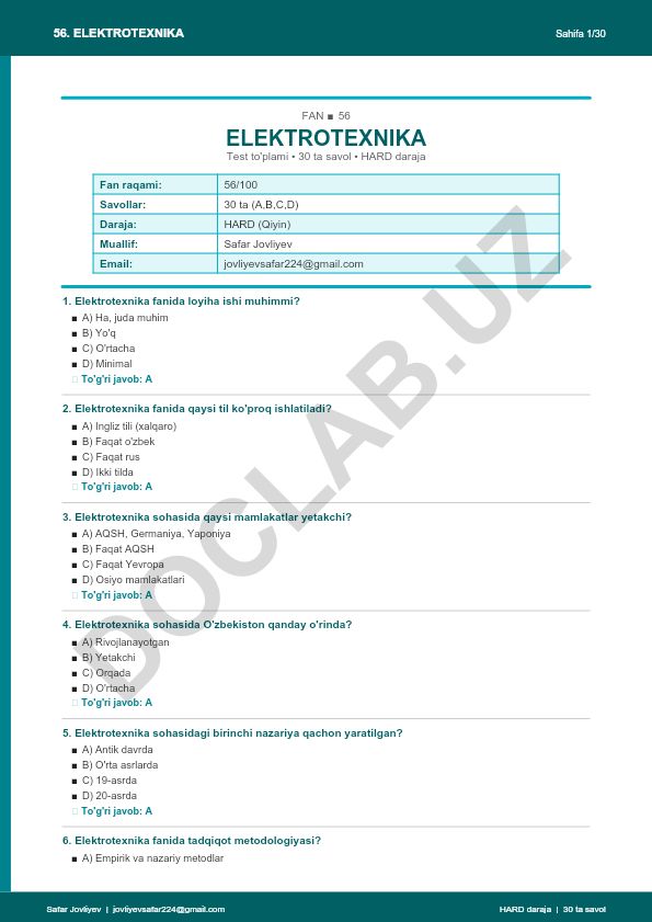 Elektrotexnika fanidan test to'plami